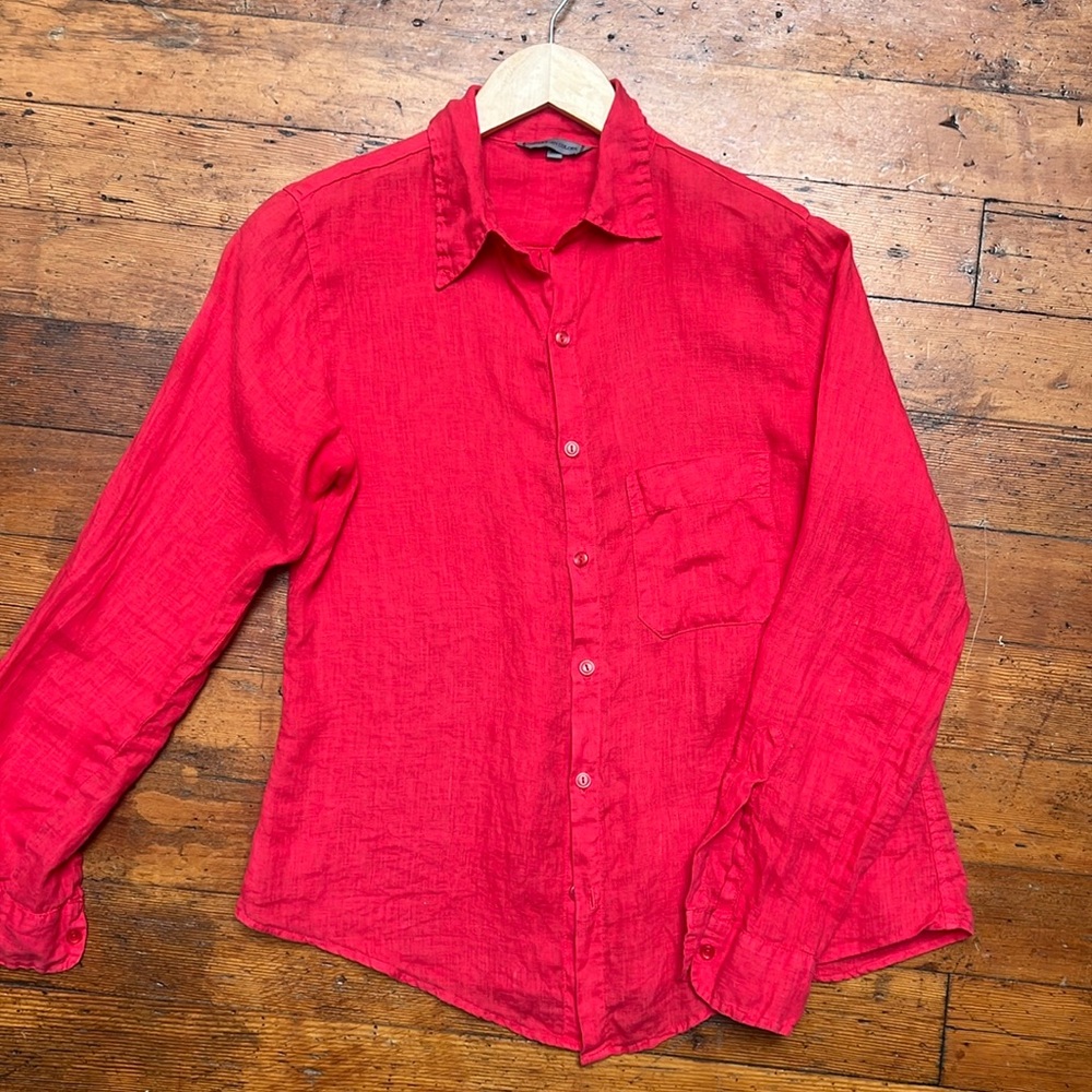 Red linen, button-down shirt. XS